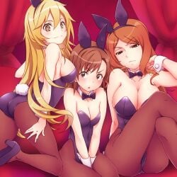 +_+ 10s 2013 3girls animal_ears ass bare_shoulders blonde_hair blush bow bowtie breast_envy breasts brown_eyes brown_hair brown_legwear cleavage collarbone crossed_legs detached_collar fake_animal_ears frown hi_res high_heels indoors kneeling large_breasts leotard long_hair looking_at_another looking_at_viewer matching_hair/eyes misaka_mikoto mugino_shizuri multiple_girls pantyhose playboy_bunny rabbit_ears rabbit_tail red_background shokuhou_misaki short_hair sideboob sitting small_breasts smile symbol-shaped_pupils tail teenage_girl teenager to_aru_kagaku_no_railgun to_aru_majutsu_no_index touryou triangle_mouth unusual_pupils v_arms wrist_cuffs young