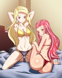 2girls armpits arms_up artist_request big_breasts blonde_hair blue_eyes earrings electra_(pokemon) fan_character fan_made fanmade female female_only gym_leader human human_only lena_(pokemon) light-skinned_female light_skin oc original_character original_characters pink_hair pinup pinup_pose pokemon pokemon_fangame pokemon_quartz pokemon_tq pokemon_turquoise pose smiling underwear