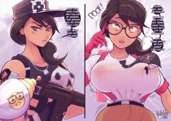 1girls big_breasts breasts clothed clothed_female clothing female female_only fortnite glasses gloves headhunter_(fortnite) large_breasts looking_at_viewer maven nerdification nipples_visible_through_clothing parkdale personality_change speech_bubble survival_specialist talking_to_viewer text visible_nipples