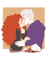 1boy 1girls assertive_female being_undressed blue_eyes brave clothed crossover crossover_pairing curly_hair disney disney_princess dreamworks female ginger ginger_hair hand_under_clothes hoodie jack_frost jack_frost_(rise_of_the_guardians) kissing light_skin male male/female merida paramount_pictures passionate pixar red_hair rise_of_the_guardians straight surprised surprised_expression undressing undressing_another white_hair