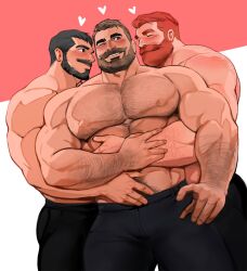 3boys arm_hair bara beard bearded black_hair brown_hair chest_hair daddy dilf dopq gay hairy hairy_arms hairy_chest half_naked heart hug large_pectorals male male_only muscle muscles muscular muscular_arms nipples pants pecs pectorals red_hair shirtless threesome trio