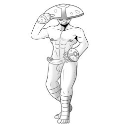 1:1 amoonguss anthro clothing erection generation_5_pokemon genitals hat headgear headwear holding_clothing holding_hat holding_headgear holding_headwear holding_object male monochrome muscular muscular_male nintendo nipples penis pokemon pokemon_(species) pokemorph smile smutty-smeargle solo video_games