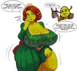 11:10 1girls 2022 2boys 2d big_breasts blush breasts cleavage donkey_(shrek) dreamworks dress english_dialogue english_text female female_only ginger green-skinned_female green_body green_eyes green_hair green_skin happy huge_breasts human looking_at_viewer ogress_fiona open_mouth pinkkoffin princess princess_fiona princess_fiona_(ogre) seductive seductive_eyes seductive_look seductive_smile shrek_(series) smile solo spanish_dialogue spanish_text talking_to_another text thick thick_thighs translated voluptuous white_body white_skin