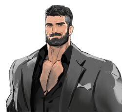 1boy bara beard bearded black_hair daddy dilf dopq gay large_pectorals male male_only muscle muscles muscular pecs pectorals suit