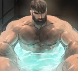 bara bath bathroom bathtub beard bearded big_arms big_body brown_hair dopq large_pectorals male_only muscle muscles muscular muscular_arms nipples pecs pectorals water