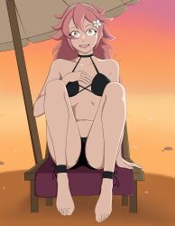 1girls alternate_costume bare_legs barefoot beach beach_chair bikini black_bikini black_swimsuit breasts chair female female_only fire_emblem fire_emblem_fates flower hair_flower legs long_hair nintendo open_mouth orange_eyes outdoors pink_hair sitting skikuro small_breasts smile soleil_(fire_emblem) solo sunset swimsuit