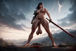 ai_generated armor bangs big_balls big_breasts big_penis black_hair blood desy_poo futanari long_hair messy_hair muscular nude original_character penis pubic_hair sagging_balls sword weapon