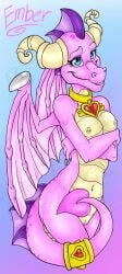 2010 activision anthro blue_eyes breasts digital_media_(artwork) dragon ember_(spyro) female genitals horn jewelry mythological_creature mythological_scalie mythology necklace nude pink_body pussy scalie shalonesk simple_background solo spyro_the_dragon tail wings