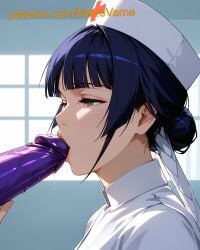 ai_generated bleach blowjob dildo dildo_kiss dildo_kissing green_eyes nurse soifon sucking_dildo toy