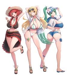 3girls absurd_res alternate_breast_size alternate_costume arm_up arms_above_head arms_up ass bangs beach big_breasts bikiki blonde_hair blush booty_shorts bracelet breasts busty cleavage cloud core_crystal curvy dat_ass dress earrings female female_focus female_only flower flower_in_hair frilled_dress frills full_body gonzarez green_eyes green_hair hand_up hanging_breasts happy hat head_tilt highres huge_ass huge_breasts large_breasts light-skinned_female light_blush light_skin long_hair looking_at_viewer massive_ass midriff monolith_soft multiple_girls mythra navel nintendo one_eye_closed open_mouth pneuma_(xenoblade) ponytail pyra red_hair rocks shirt short_shorts shorts sideboob sky smile smiling smiling_at_viewer solo standing straw_hat sun_hat sunglasses sunglasses_on_head sunlight sweat swept_bangs swimsuit tagme thighs thin_waist unbuttoned very_long_hair voluptuous water white_bikini wide_hips xenoblade_(series) xenoblade_chronicles_2 yellow_eyes