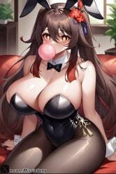 1_girls ai_generated big_breasts blowing_bubblegum bubble_blowing bubble_gum bunny_ears bunnysuit chewing_gum female female_focus female_only genshin_impact gum hu_tao_(genshin_impact) milf miss_io