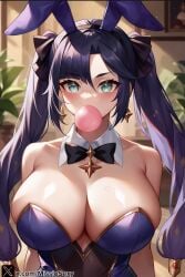 1girls ai_generated big_breasts bubble_blowing bubble_gum bunny_ears bunnysuit chewing_gum female female_focus female_only genshin_impact gum milf miss_io mona_(genshin_impact)