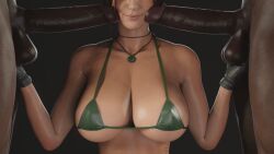 1girls 2boys 3d benjibonjo big_breasts big_penis dark-skinned_male dominant_female female grabbing_balls interracial lara_croft male penis_on_face tomb_raider