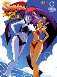 2girls bikini blue_eyes camera cleavage comic_cover dark-skinned_female earrings english_text female female_only genie hi_res long_hair looking_at_viewer multiple_girls nami_sakurajyousui ocean official_art pale-skinned_female pirate pirate_hat pointy_ears ponytail purple_hair red_eyes risky_boots shantae shantae_(character) skinny smile standing_in_water swimsuit tanned_female text underboob very_long_hair water