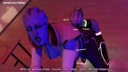 3d alien alien_humanoid aria_t'loak asari_futanari ass_eating blender comic comic_page english english_text futanari glowing_piercing huge_balls huge_cock latex_clothing liara_t'soni mass_effect no_nut_november piercings tease vikhlop