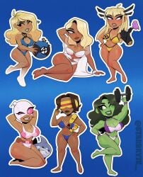 6girls artist_name bikini blonde_hair brown_hair busty cleavage curvy cyclops_(x-men) emma_frost genderswap_(mtf) green_hair green_skin gwenpool invisible_woman light-skinned_female magik_(illyana_rasputin) marvel marvel_comics mask one-piece_swimsuit rule_63 she-hulk starbryte swimsuit tan-skinned_female