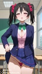 aged_up ai_generated black_hair classroom cleavage covered_pussy g_string gumi_arts hair_ribbon indoors large_breasts lips love_live! love_live!_school_idol_project naughty_face parted_lips red_eyes school_uniform skirt_lift stable_diffusion thick_thighs twintails yazawa_nico