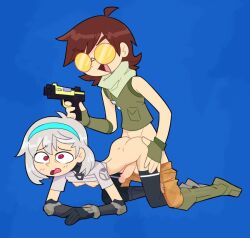 1boy 1futa all_fours anal balls bottomless breasts brown_hair clothed clothing doggy_style duo fortnite futanari human lexa_(fortnite) light-skinned_futanari light-skinned_male light_skin male male_on_futa miscon mostly_clothed partially_clothed penis sex short_hair source_request white_hair