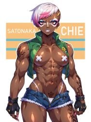 1girls abs abstract_background ai_generated amber_eyes annoyed annoyed_expression areola_slip areolae_slip atlus bandage_pasties biceps black_gloves breasts character_name civitai cowboy_shot cropped_jacket cross_earrings cross_pasties dark-skinned_female dark_skin denim_shorts eyeshadow female fingerless_gloves ganguro gloves green_jacket gyaru high_leg_thong highleg highleg_panties lipstick looking_at_viewer makeup mascara microshorts muscular muscular_female nail_polish navel nose_ring open_fly open_jacket open_shorts panty_peek panty_straps pasties persona persona_(series) persona_4 pink_highlights satonaka_chie short_hair short_shorts simple_background sleeveless_jacket solo standing stomach sumezawa tatoos thick_thighs thighs thong_straps tomboy toned toned_female two-tone_hair two_tone_hair undercut very_dark-skinned_female very_dark_skin white_hair white_lips white_lipstick white_panties white_pasties white_thong yamanba