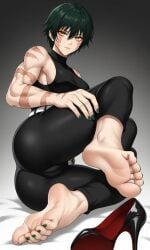 ai_generated ass ass_focus big_ass black_clothing dark_hair dommy_mommy feet feet_fetish femdom fit_female foot_fetish foot_focus foot_lick foot_play foot_worship footwear heels high_heels jujutsu_kaisen meaty_soles muscle_mommy muscular_female nail_polish one_shoe_on pussy_through_clothing scars_all_over soles toenails toes tomboy wrinkled_feet zenin_maki