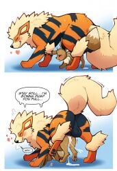 ai_generated arcanine breeding caption dialog dialogue doggy_style eevee feral feral_on_feral knot knotted knotting nai_diffusion novelai pokemon pokemon_(species) pumping_cum speech_bubble
