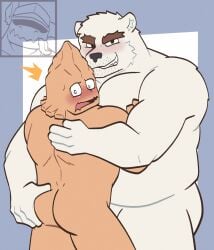 4_fingers ass bear belly brown_body brown_eyebrows brown_fur butt_grab duo eyebrows fingers flushed fur hand_on_butt hi_res human koji_koda looking_at_viewer male male/male mammal monsterfurryr34 muscular muscular_arms my_hero_academia no_shading nude open_mouth polar_bear shocked simple_background smile teeth_showing thick_eyebrows ursine white_body white_fur