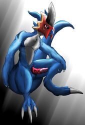 armor blue digimon dragon erection flamedramon flamey male male_only penis red_eyes scalie solo veins veiny_penis