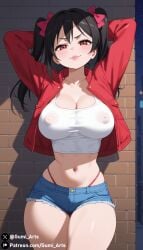 against_wall aged_up ai_generated black_hair cleavage covered_nipples denim_shorts g_string gumi_arts hair_ribbon hands_behind_head jacket large_breasts lips love_live! love_live!_school_idol_project naughty_face outdoors red_eyes smug stable_diffusion tank_top thick_thighs twintails yazawa_nico