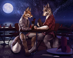 2009 2boys alcohol anthro balls bottomless canine canine_penis couple date eye_contact fox fur furry furry_only hindpaw looking_at_another male male_only moon night penis public romantic shirt sitting stars tail taurin_fox tie wine