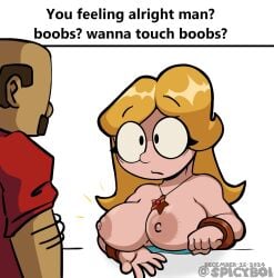 1boy 1girls areolae big_breasts blonde_hair boobs?_wanna_touch_boobs? breasts breasts_out brown_hair dated female male marvin_(sml) meme moustache necklace nipples rose_(sml) sml spicyboi supermariologan tagme twitter_username white_background wrist_cuffs youtube