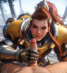 1female 1girls 2d ai_generated armor armored_dress armored_female armored_gloves breastplate brigitte brigitte_lindholm brown_eyes brown_hair detailed_female female girl hand_on_penis handjob hi_res high_resolution highres overwatch pony_diffusion_xltasy red_hair red_hair serotec