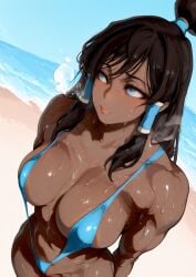 abs ai_generated avatar_legends avoiding_eye_contact beach big_breasts blue_eyes breasts brown_hair female fit fit_female korra large_breasts long_hair mayyreel muscular muscular_female shy slingshot_swimsuit steam sweat swimsuit thick_ass thick_thighs