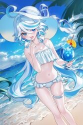 1girls 2d 2d_(artwork) alternate_costume artist_request beach belly_button bikini blue_eyes blue_hair blue_nails clouds day female female_focus female_only front_view furina_(genshin_impact) genshin_impact hat heterochromia high_resolution highres hoyoverse light-skinned_female light_skin long_hair looking_at_viewer navel ocean outdoors palm_tree sand sky slim_girl small_breasts smiling smiling_at_viewer solo solo_female solo_focus standing summer summer_hat swimsuit thong two_piece_swimsuit two_tone_hair white_bikini white_hair white_swimsuit young younger_female