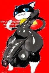 1boy 1male ai_generated atlus balls dialogue hand_behind_head hyper_balls hyper_penis looking_at_viewer male male_only morgana_(persona) musk penis persona_5 shortstack smelly smirk smug steaming_body sweaty text