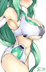 1girls ass big_ass big_breasts blush bodysuit breasts busty cleavage curvy dated female female_only from_side green_hair green_heart hi_res large_breasts legs leotard long_hair looking_at_viewer midriff neptunia_(series) pink_lips ponytail purple_eyes sensual sideboob siroone smile solo thick_thighs thighs underboob vert very_long_hair