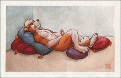 anthro canine closed_eyes dog fur furry keovi male male_only masturbation nude on_back penis pillows solo