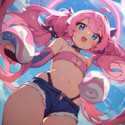 ai_generated blue_eyes clothed flat_chest hip_dips milim_nava panties pink_hair short_shorts smile that_time_i_got_reincarnated_as_a_slime thighs thong_straps tubetop tummy twintails young