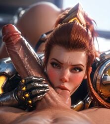 1female 1girls 2d ai_generated armor armored_dress armored_female armored_gloves ball_gag ball_sucking breastplate brigitte brigitte_lindholm brown_eyes brown_hair detailed_female female girl hand_on_penis handjob hi_res high_resolution highres overwatch pony_diffusion_xltasy red_hair red_head serotec sucking_balls sucking_testicles