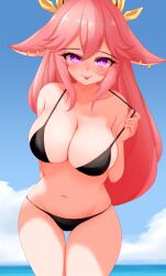 :p alternate_costume animal_ears arm_behind_back ayatori_(aytr) bare_shoulders bikini black_bikini black_panties blue_sky blush breasts cleavage closed_mouth collarbone commentary_request cowboy_shot day female fox_ears genshin_impact hair_between_eyes highres large_breasts long_hair looking_at_viewer outdoors panties pink_hair purple_eyes sky solo strap_pull swimsuit tongue tongue_out underwear very_long_hair yae_miko