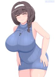 1girls armpits bangs big_breasts bluefrok blush breasts brown_hair closed_eyes coloured cute eyebrows_visible_through_hair eyelashes hair_band hand_on_hip large_breasts leaning_forward mary_(nikke) necklace smile sweater syringe tagme thick_thighs thick_thighs_save_lives thighs virgin_killer_sweater