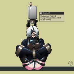 aceliuszid ball_gag blindfolded bondage bondage_mittens bound bound_hands english_text female femsub fully_clothed gag harness_gag high_heels machine mittens nier:_automata png text transportation white_hair yorha_2b