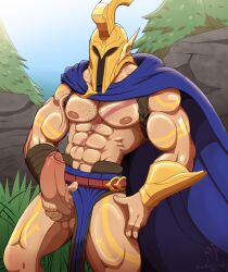 abs balls bara biceps big_balls big_penis bulge cape erection helmet league_of_legends male male_nipples male_only masturbation muscular_male nipples pantheon pecs penis riot_games tattoos wolfshirtart