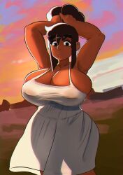 1girls breasts breasts_bigger_than_head brown_hair dand_u dark-skinned_female female huge_breasts sundress thighs