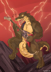 1boy alligator anthro balls bass_guitar claws cum fangs grin instrument looking_at_viewer male male_only messy muscles musical_instrument nude penis presenting reptile rocking_out scalie solo spread_legs spreading standing tail tongue twinkle-sez yellow_eyes