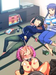 3girls black_hair blush breasts censored chips cum cum_explosion eating ejaculation facial female food hdkg human large_breasts lying male multiple_girls nipples orange_hair paizuri penis purple_hair short_hair sleeping soda straight television