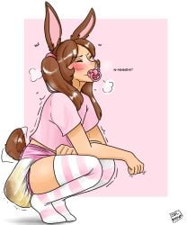 bunny_ears bunny_girl bunny_tail closed_eyes coolhooves diaper female female grunting light-skinned_female messy_diaper multicolored_stockings pacifier pink_shirt pink_stockings scat wagging_tail wet_diaper