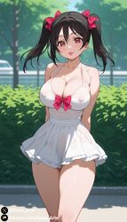 aged_up ai_generated black_hair cleavage covered_nipples gumi_arts hair_ribbon large_breasts lips love_live! love_live!_school_idol_project minidress outdoors park red_eyes smile stable_diffusion sundress thick_thighs thighs_together twintails wide_hips yazawa_nico