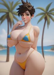 1girls 3d ai_generated beach bikini blush blush breasts brown_hair chubby chubby_female fakeshit fat finger_to_mouth huge_breasts light-skinned_female looking_at_viewer outdoors overwatch overwatch_2 plump short_hair solo solo_female standing thick_thighs tracer wide_hips
