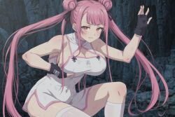 1girls ai_generated asymmetrical_bangs black_gloves chest clothes double_bun dress female fingerless gloves long_hair pink_dress pink_eyes tao_yuifa tensei_shitara_dai_nana_ouji_dattanode,_kimamani_majutsu_o_kiwamemasu