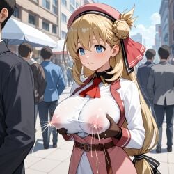 agnes_claudel ai_generated blonde_hair blue_eyes eiyuu_densetsu female fondling_breast fully_clothed gloves hair_bun hat lactating lactation lactation_through_clothes large_breasts long_hair milk milk_squirt nipples nipples_visible_through_clothing outdoors outside people_in_background public self_fondle solo_female